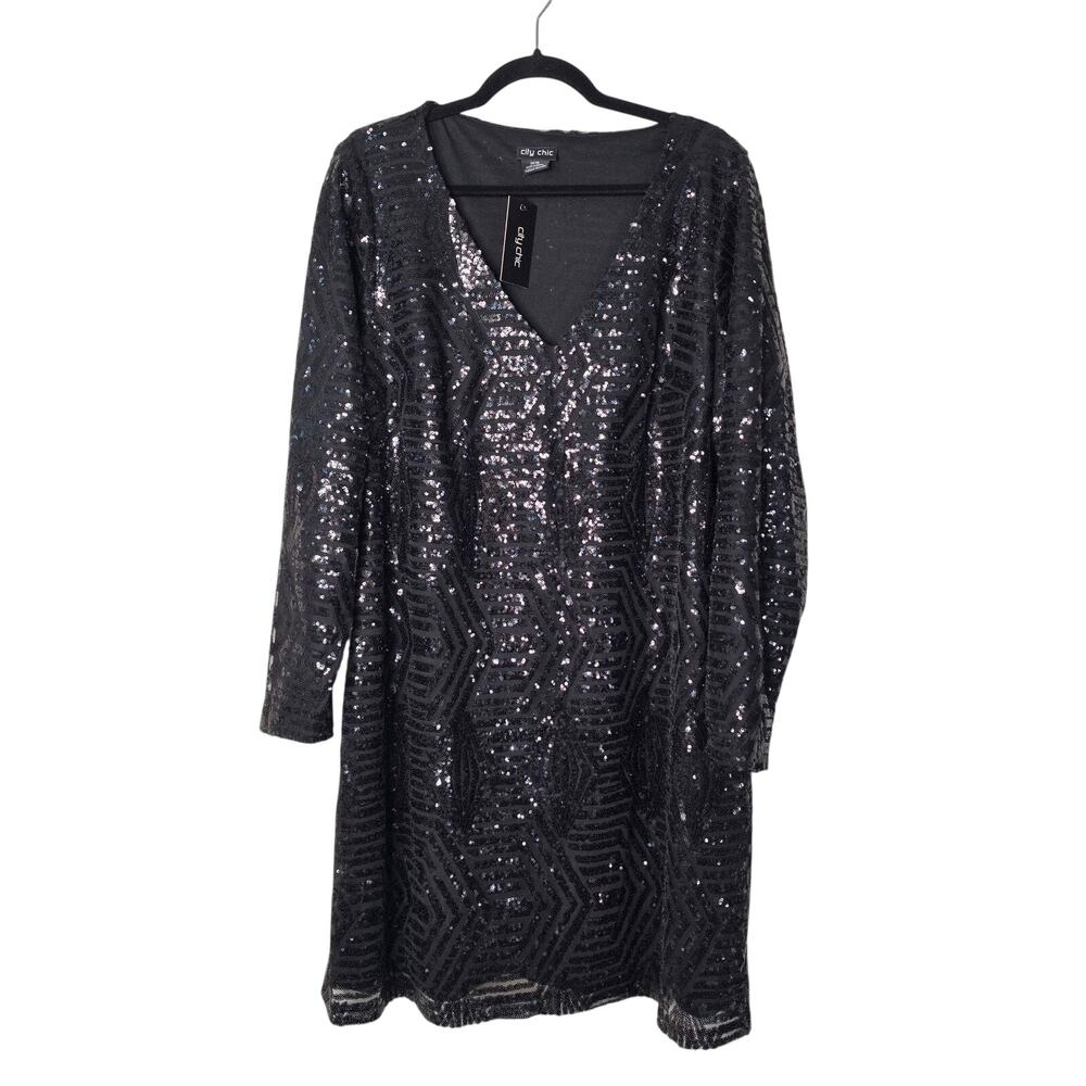 City Chic Dress Plus Size 18 Black Sequin Geometric Shift Party Mini Long Sleeve